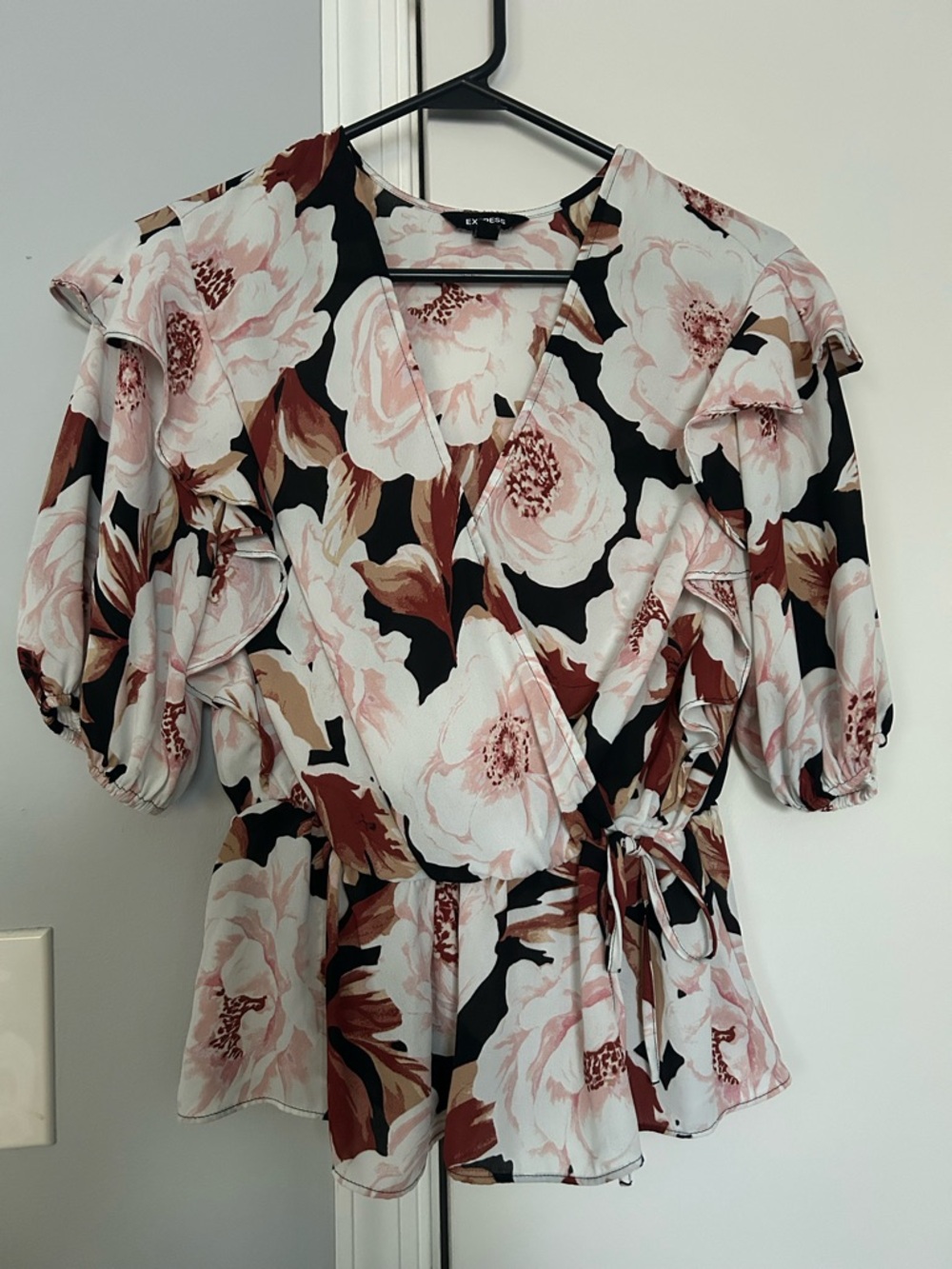 Express Floral Wrap Peplum Top in Blush, Black and Brown